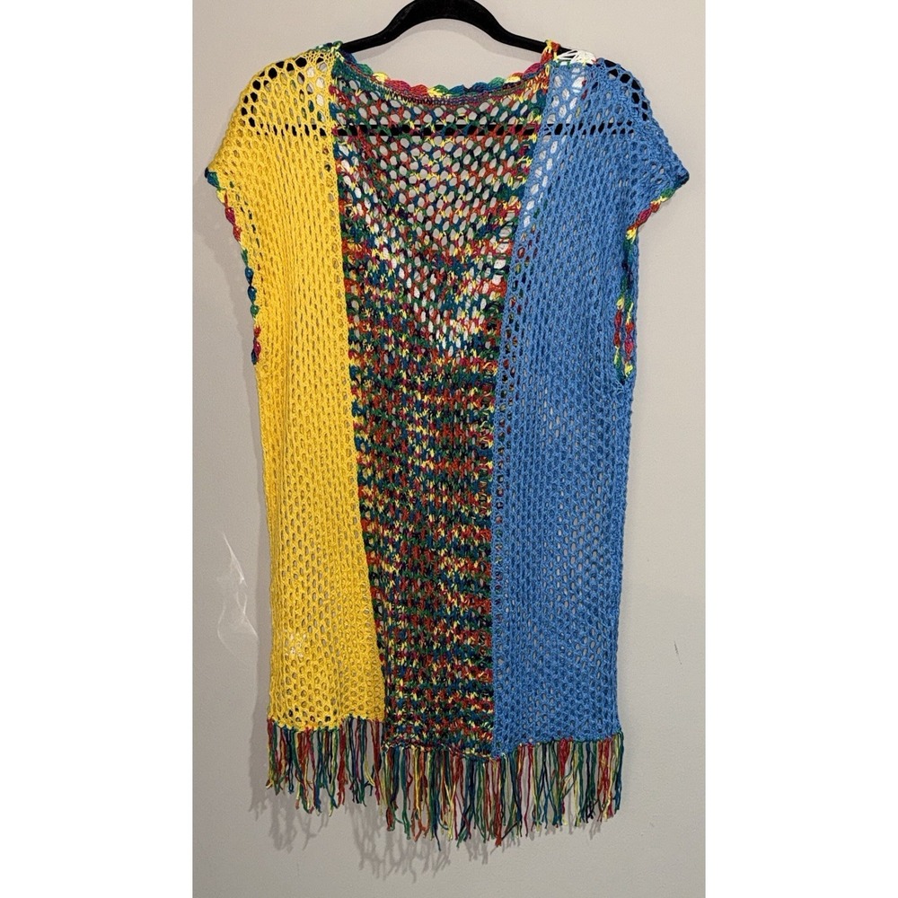Crochet Knit Beach Cover Up Tunic Boho Festival Fringe Color block Open Knit OS - Picture 7 of 7